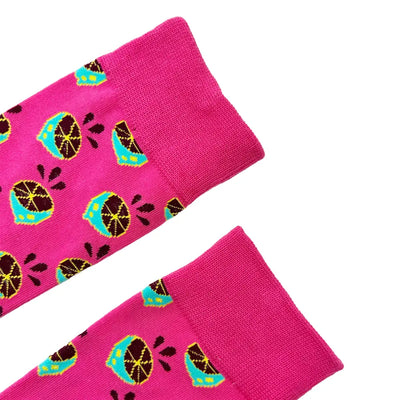 Bright pink lemon socks with colorful citrus fruit pattern for everyday wear