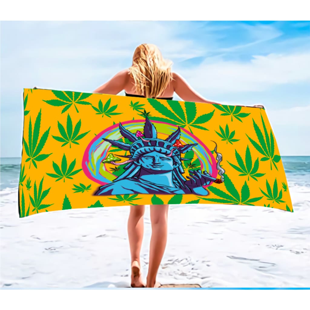 Liberty Beach Towel featuring cannabis and Statue of Liberty design for a beach day accessory