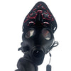 Black gas mask bong with red lacing on silicone mask for colorful light-up display