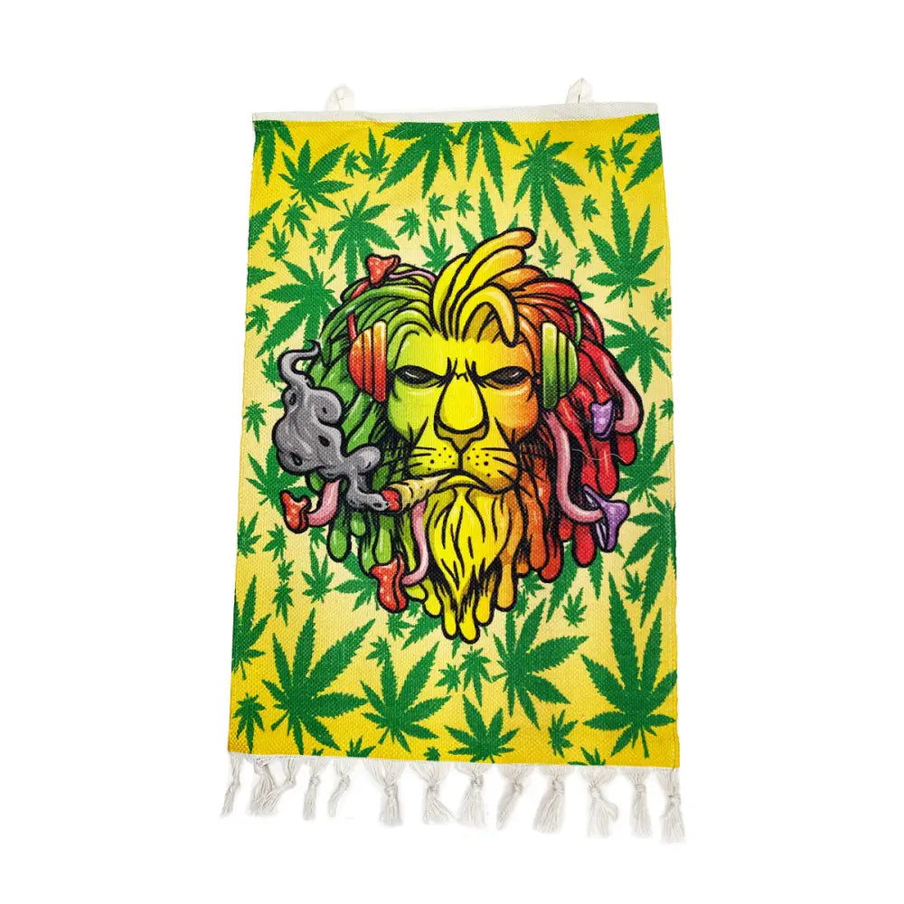 Vibrant Lion Pride Wall Hanging with Rainbow Dreadlock Lion and Cannabis Leaves