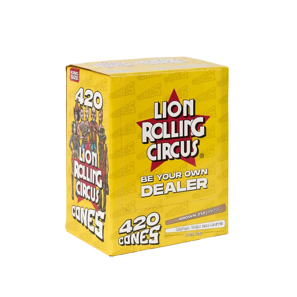 Lion Rolling Circus yellow box of 420 rolling papers in Mixed Paper Edition