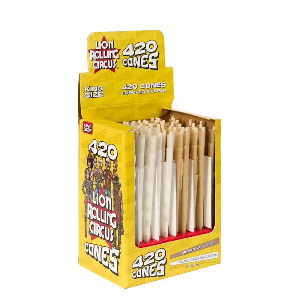 Display box of Lion Rolling Circus Bulk Cones 420 Mixed Paper Edition for smoking