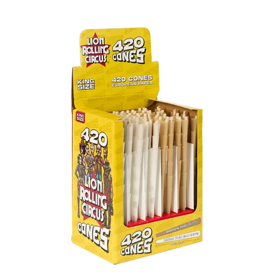 Display box of Lion Rolling Circus Bulk Cones 420 Mixed Paper Edition for smoking