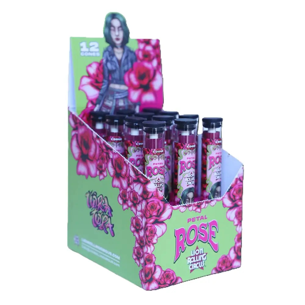 Display box of Rose Petal Rolling Cones with Hemp Wraps in Lion Rolling Circus discreet packaging