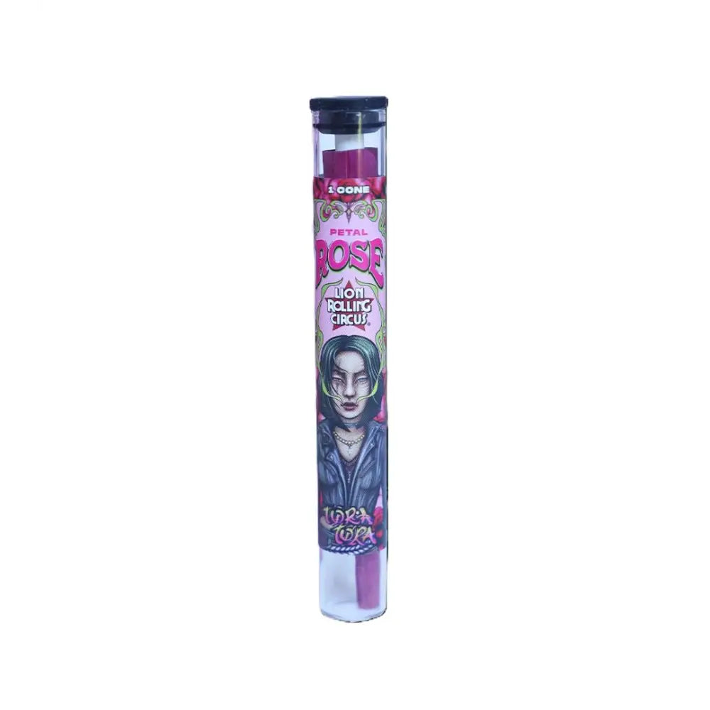 Pre-rolled cannabis joint in clear tube with Lion Rolling Circus Hemp Wraps and discreet packaging
