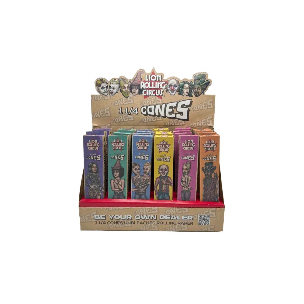 Lion Rolling Circus Pre-rolled Cones in a display box for a colorful smoking experience