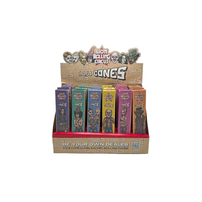 Lion Rolling Circus Pre-rolled Cones in a display box for a colorful smoking experience