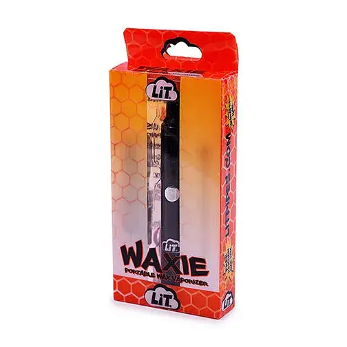 Lit Waxie portable wax vaporizer in orange red honeycomb package