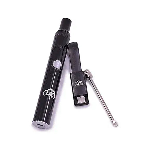 Lit Waxie portable wax vaporizer with black vape pen, charger, tool