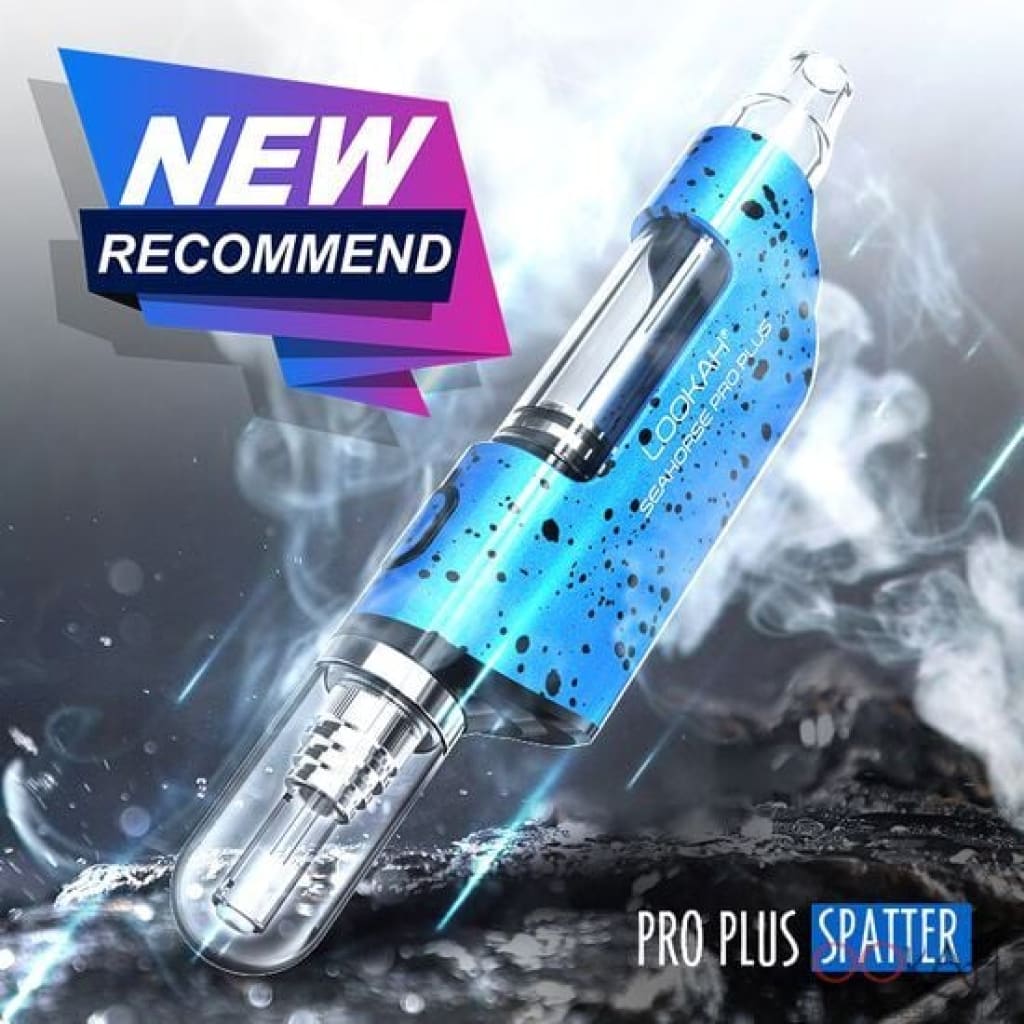Blue speckled Lookah Seahorse Pro Plus e-cigarette with quartz tip capability on display
