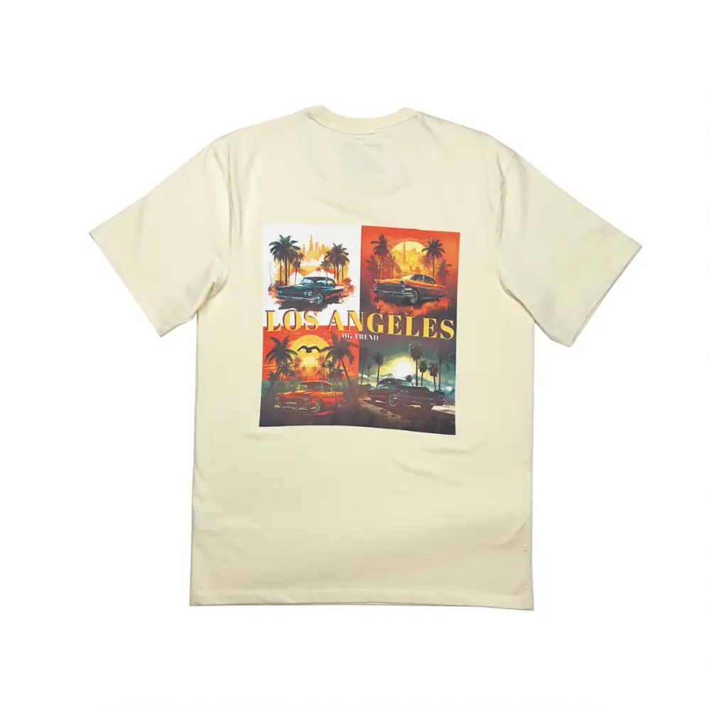 Beige Los Angeles half sleeve t-shirt with car collage for everyday comfort and style