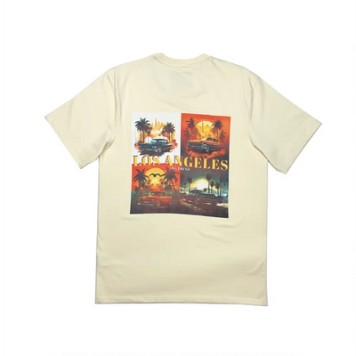 Beige Los Angeles half sleeve t-shirt with car collage for everyday comfort and style