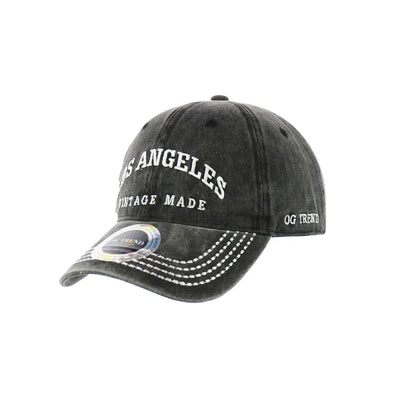 Black distressed los angeles original cotton buckle hat with white stitching and Los Angeles text