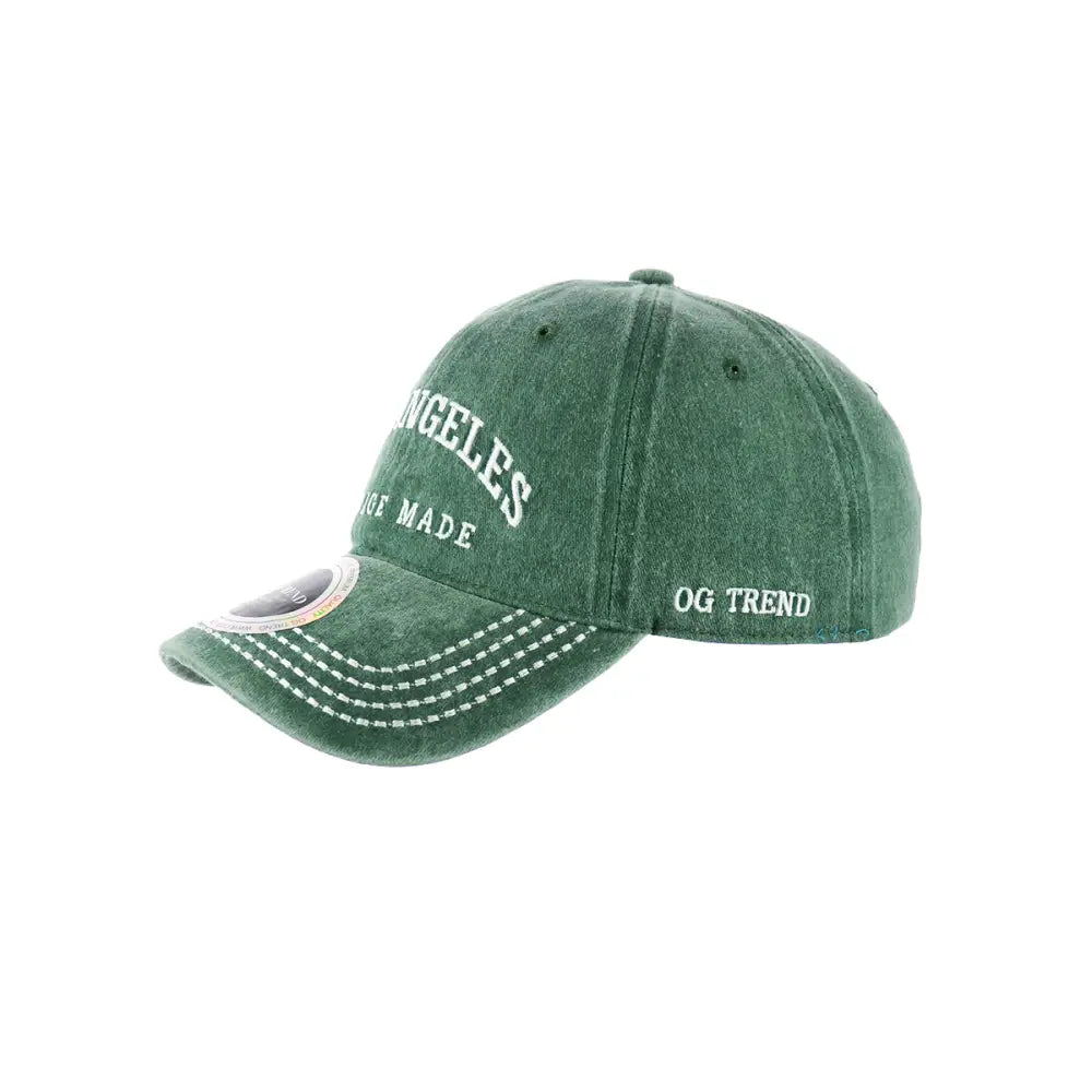 Green distressed los angeles original cotton buckle hat with white Los Angeles embroidery