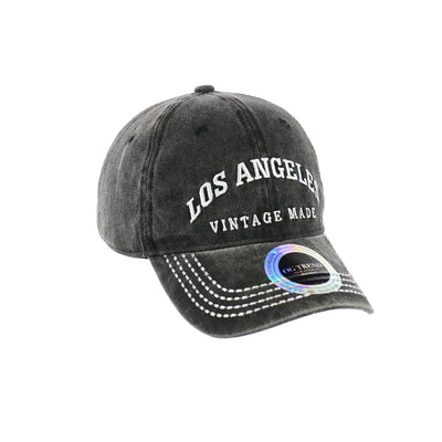 Black distressed baseball cap with los angeles original cotton buckle label and contrast stitching