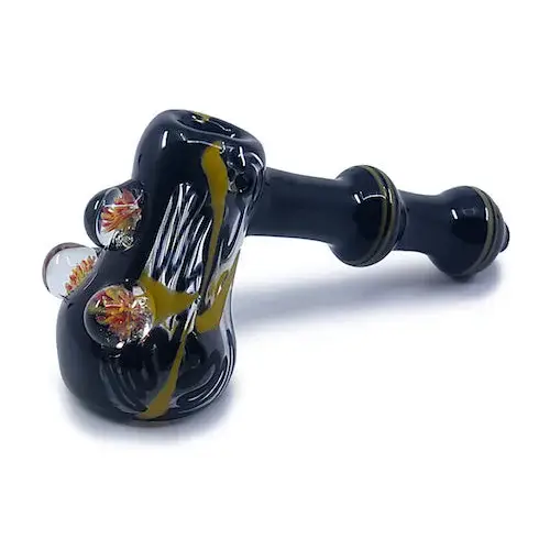 Marble Masterpiece glass hand pipe with black glass, flame swirls, beads