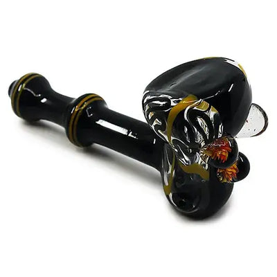 Marble Masterpiece glass hand pipe with black bowl and gold orange flame swirls