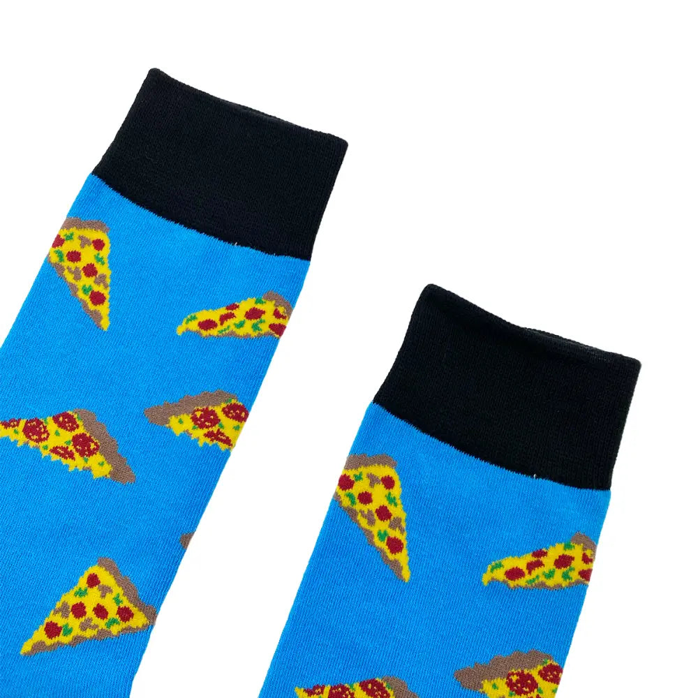 Blue pizza-patterned socks from Melty Pizza Socks, a comfortable fit for all sizes