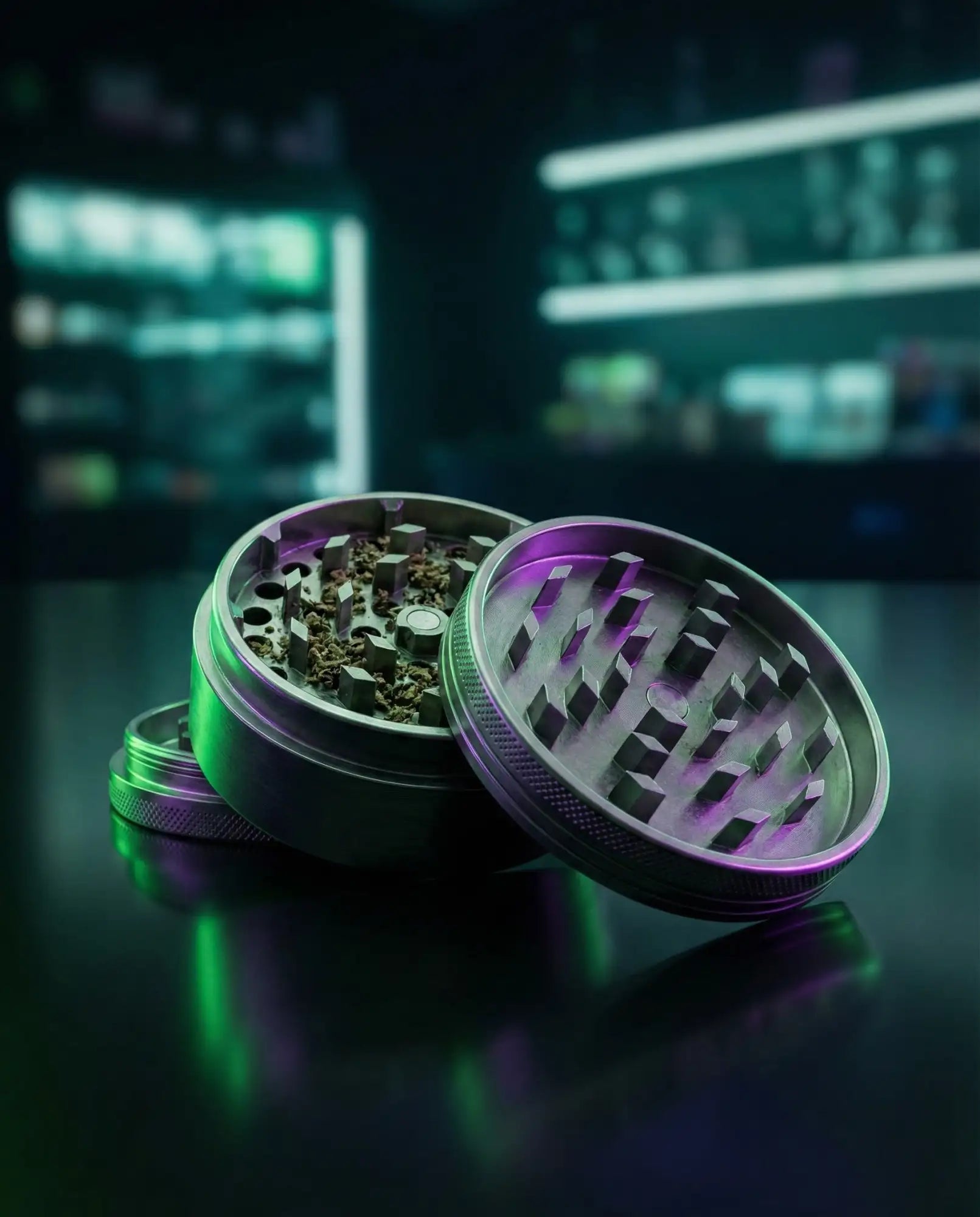 A metallic, multi-layered herb grinder with a purple and green glow highlighting its textured, geometrically patterned interior.
