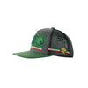 Trucker-style snapback hat in green and gray with tree logo patch and stripes