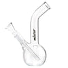 Compact glass water pipe with angled mouthpiece, carb hole, and ’micro’ branding