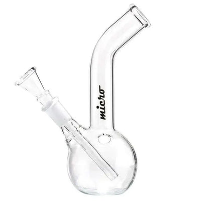 Compact glass water pipe with angled mouthpiece, carb hole, and ’micro’ branding