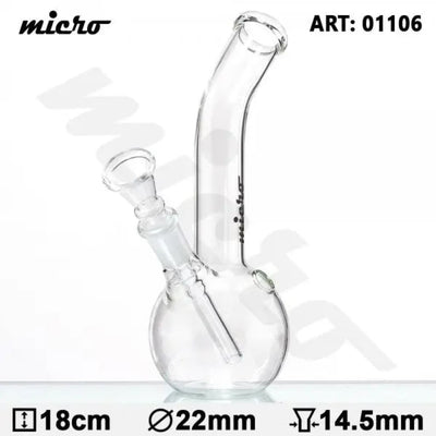 Compact glass water pipe with a curved neck, angled mouthpiece, and carb hole