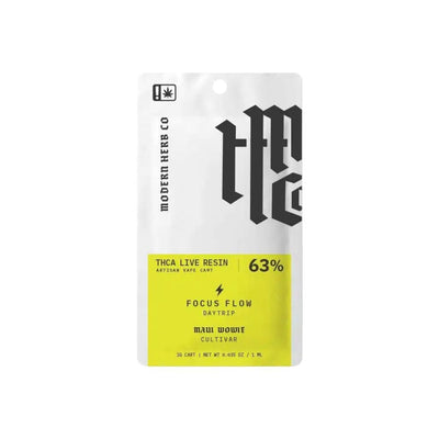 THCA Live Resin package with 63% potency and Focus Flow branding, in Uncut THCA Cartridge
