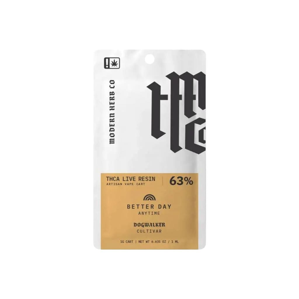 Uncut THCA Cartridge Live Resin package by Better Day, Dogwalker, 63% potency with COA lab results