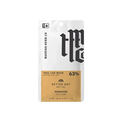 Uncut THCA Cartridge Live Resin package by Better Day, Dogwalker, 63% potency with COA lab results