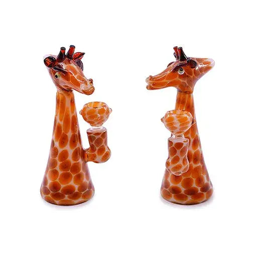 Two giraffe 6-inch glass bubbler water pipes with orange spotted pattern