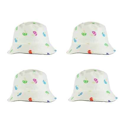 White Mushroom Design Bucket Cap featuring a colorful sunglasses pattern print