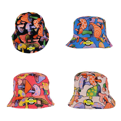 Reversible bucket hats with unique mushroom designs in vibrant, colorful patterns