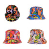 Reversible bucket hats with unique mushroom designs in vibrant, colorful patterns