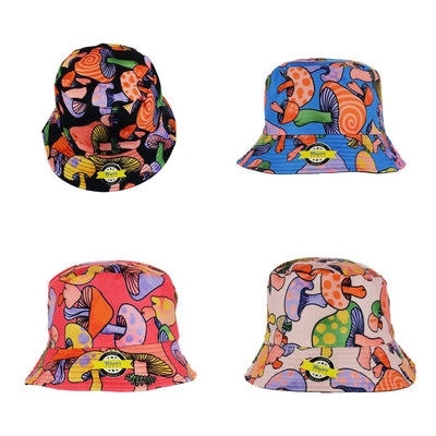 Reversible bucket hats with colorful, psychedelic mushroom designs