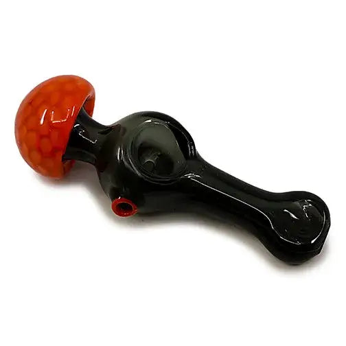 Mushroom head glass hand pipe with black glass and orange honeycomb bowl