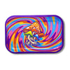 Psychedelic mushroom rainbow swirl illustration on a swirl metal rolling tray