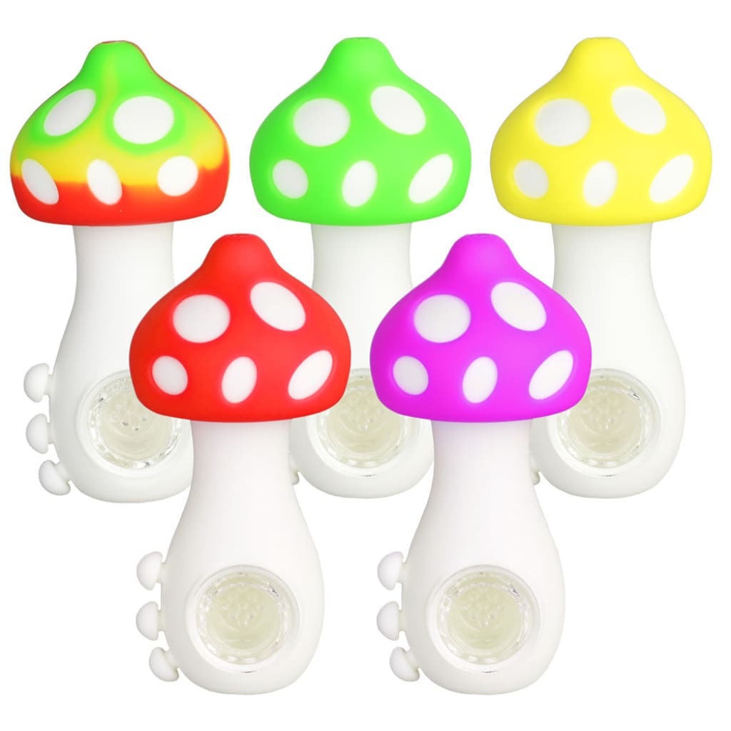 Colorful mushroom silicone hand pipe with glass bowl, spotted caps, and white stems