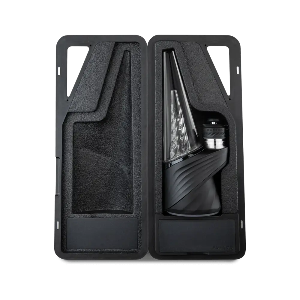 Black textured gun with silver accents and checkered grip for Puffco Peak Pro with 3DXL chamber