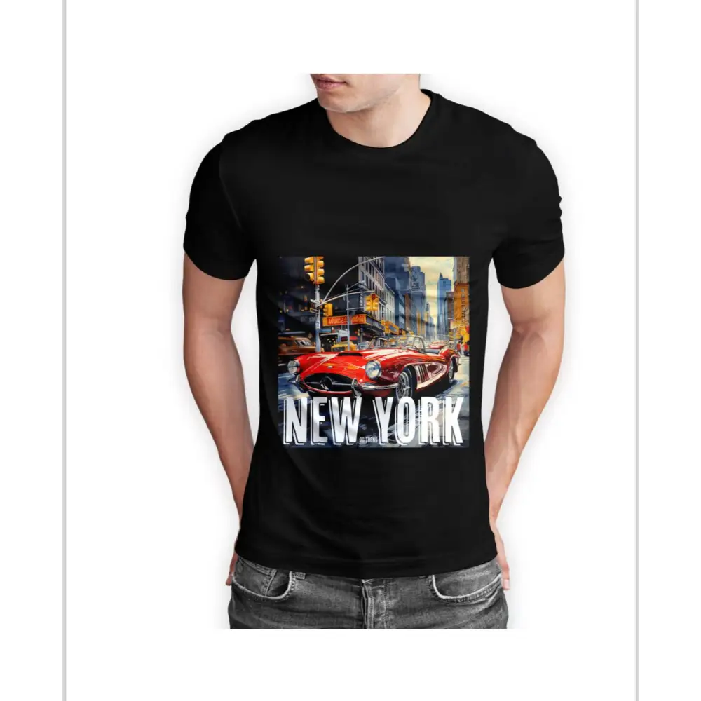 York Half Sleeve Black T-shirt showcasing a vintage New York City street scene with red cars
