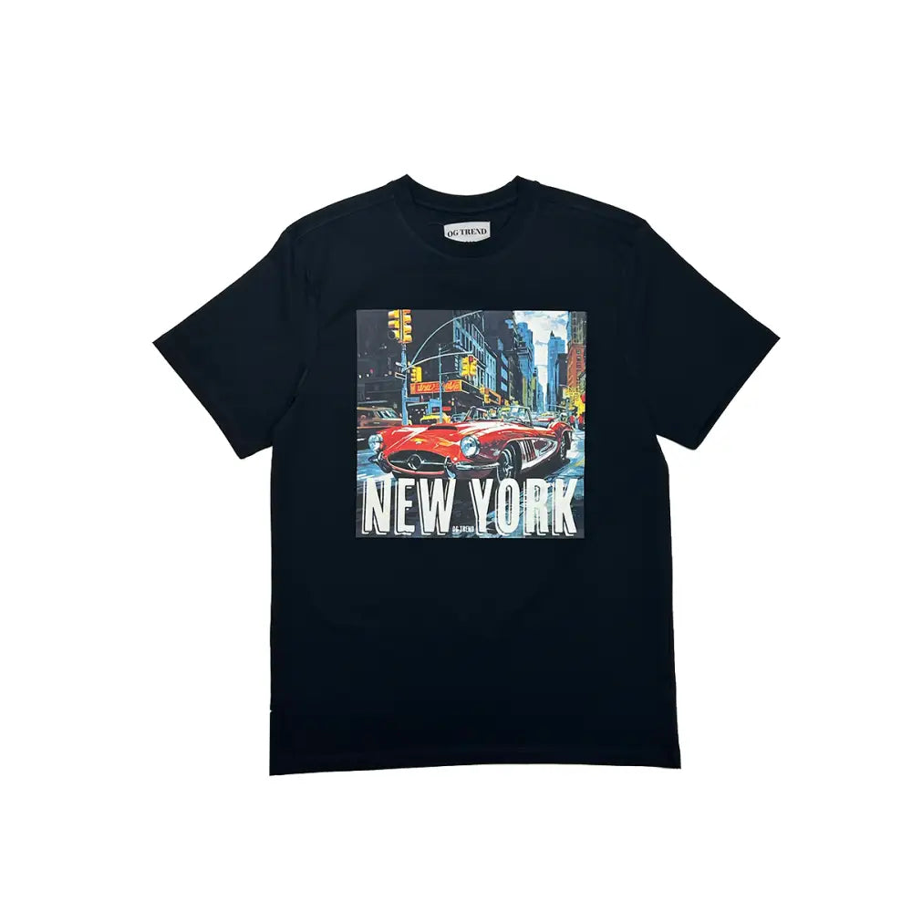 York Half Sleeve Black T-shirt featuring a vibrant New York City street scene graphic