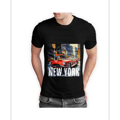 York Half Sleeve Black T-shirt showcasing a vintage New York City street scene with red cars