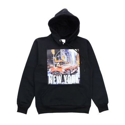 Black york hoodie with a New York car graphic, perfect for showcasing glass water pipes