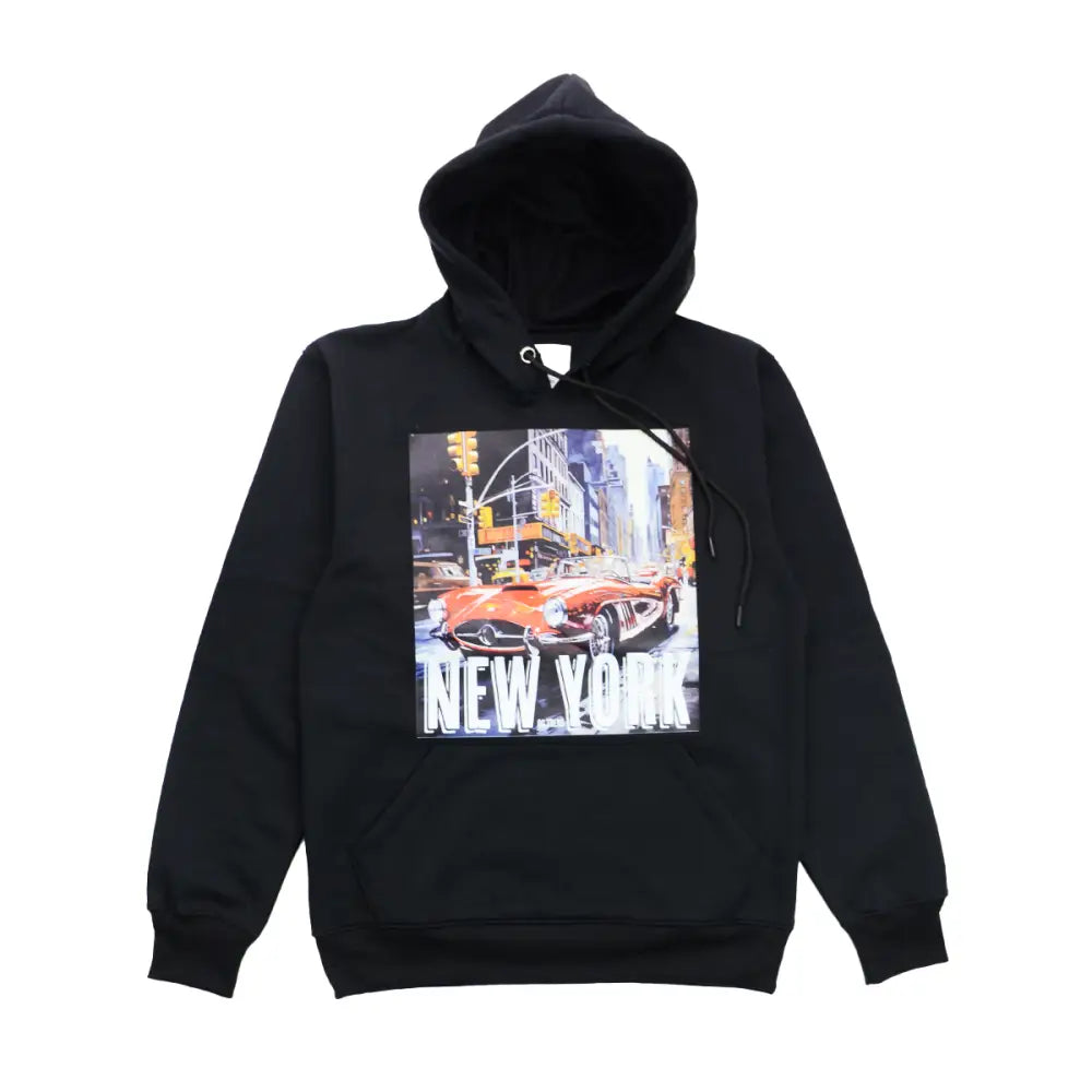 Black york hoodie with a New York car graphic showcasing bold silk screen print