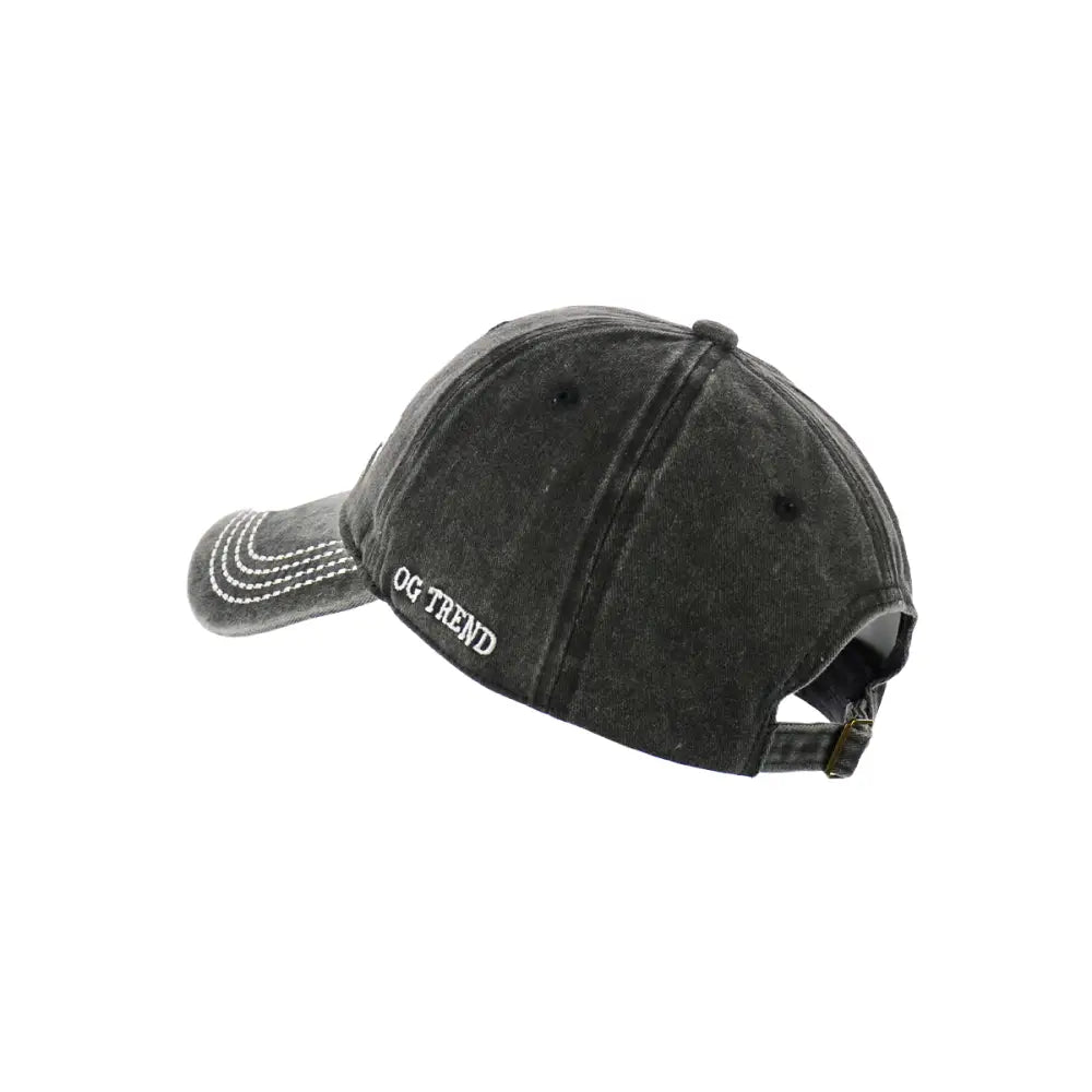 Black distressed york original cotton buckle dad hat with contrast stitching and adjustable back