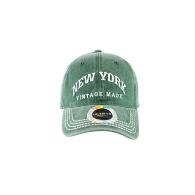 Green New York Original Cotton Buckle Dad Hat with white stitching and vintage look