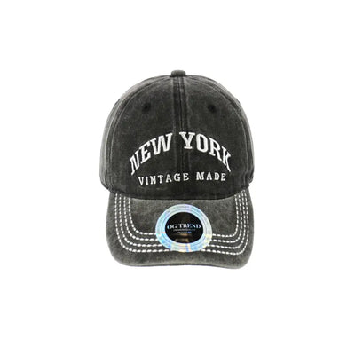 Distressed black New York Original Cotton Buckle Dad Hat with white contrast stitching