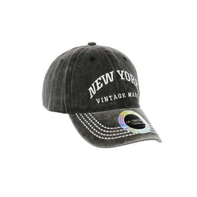 Black distressed baseball cap with white stitching, New York Original Cotton Buckle Dad Hat