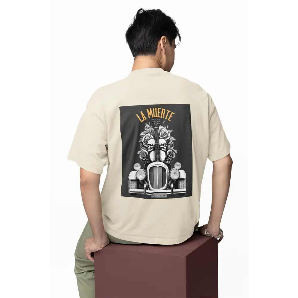 Beige Off-white La Muerte Half Sleeve T-shirt with car and skull graphic for style