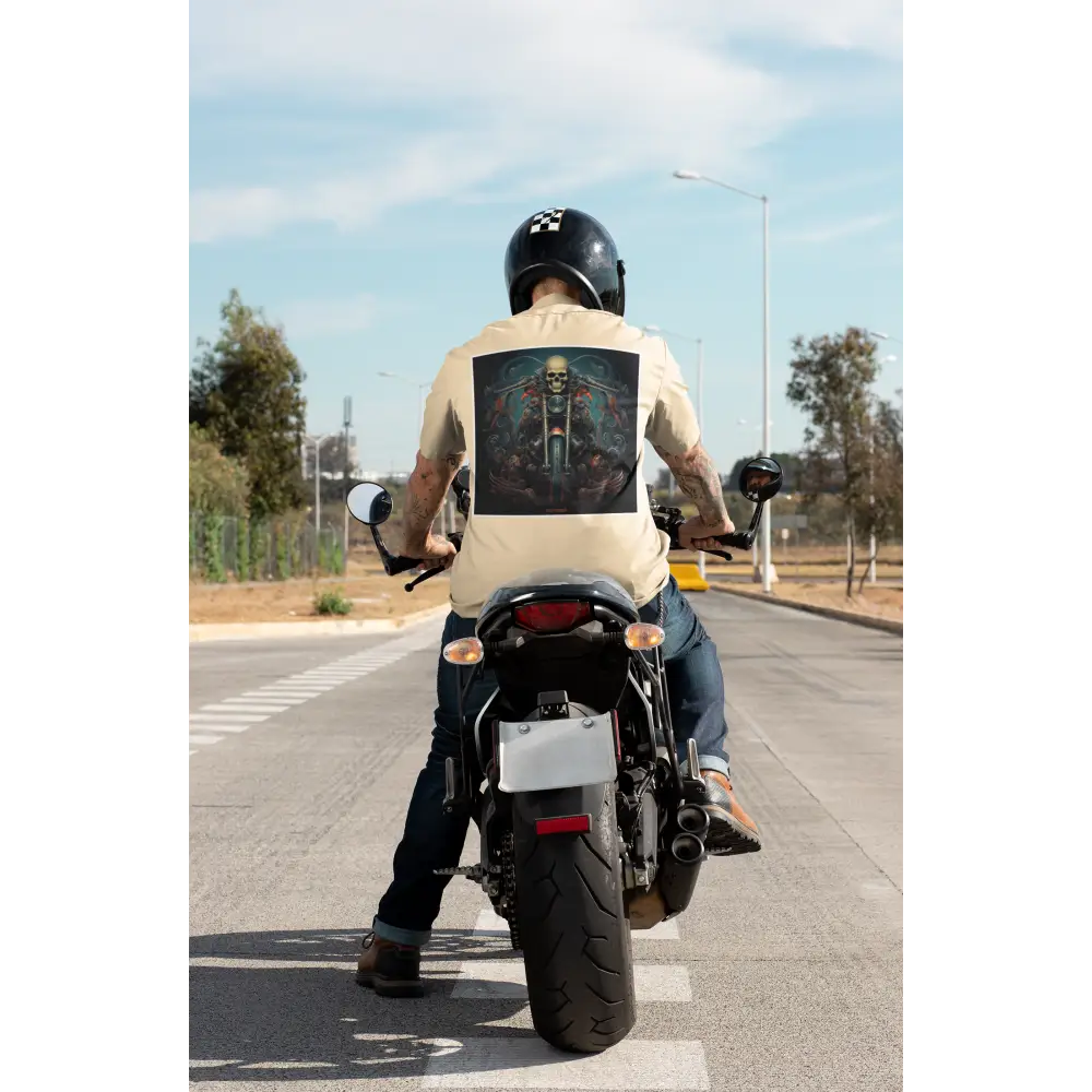 Motorcyclist in a vest rides on a road wearing Off-White Rider’s Half Sleeve T-shirt